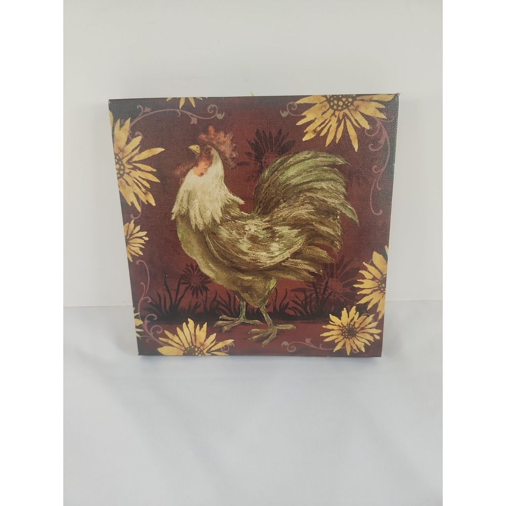 Rooster & Sunflower Framed Canvas Wall Art Ready‎ To Hang 8" X 8"